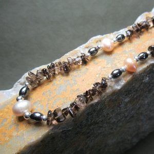 Smoky Topaz Pearl Necklace with Sterling Silver, Princess Length
